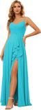 Vestidos de dama de honor largos de gasa con tirantes finos y bolsillos, vestidos formales con volantes y abertura para mujer 