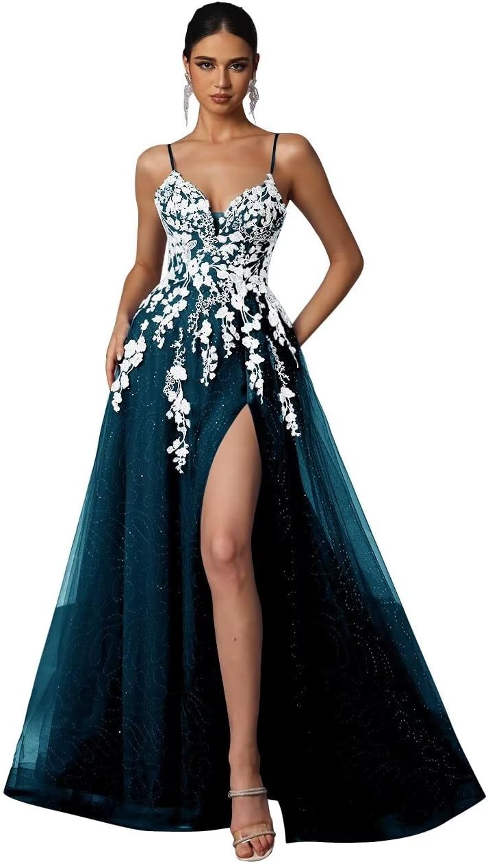 Tulle Prom Dresses 2027 Puffy Ball Gown for Women Formal V Neck Lace Appliques Evening Gown with Slit Long Homecoming Dress