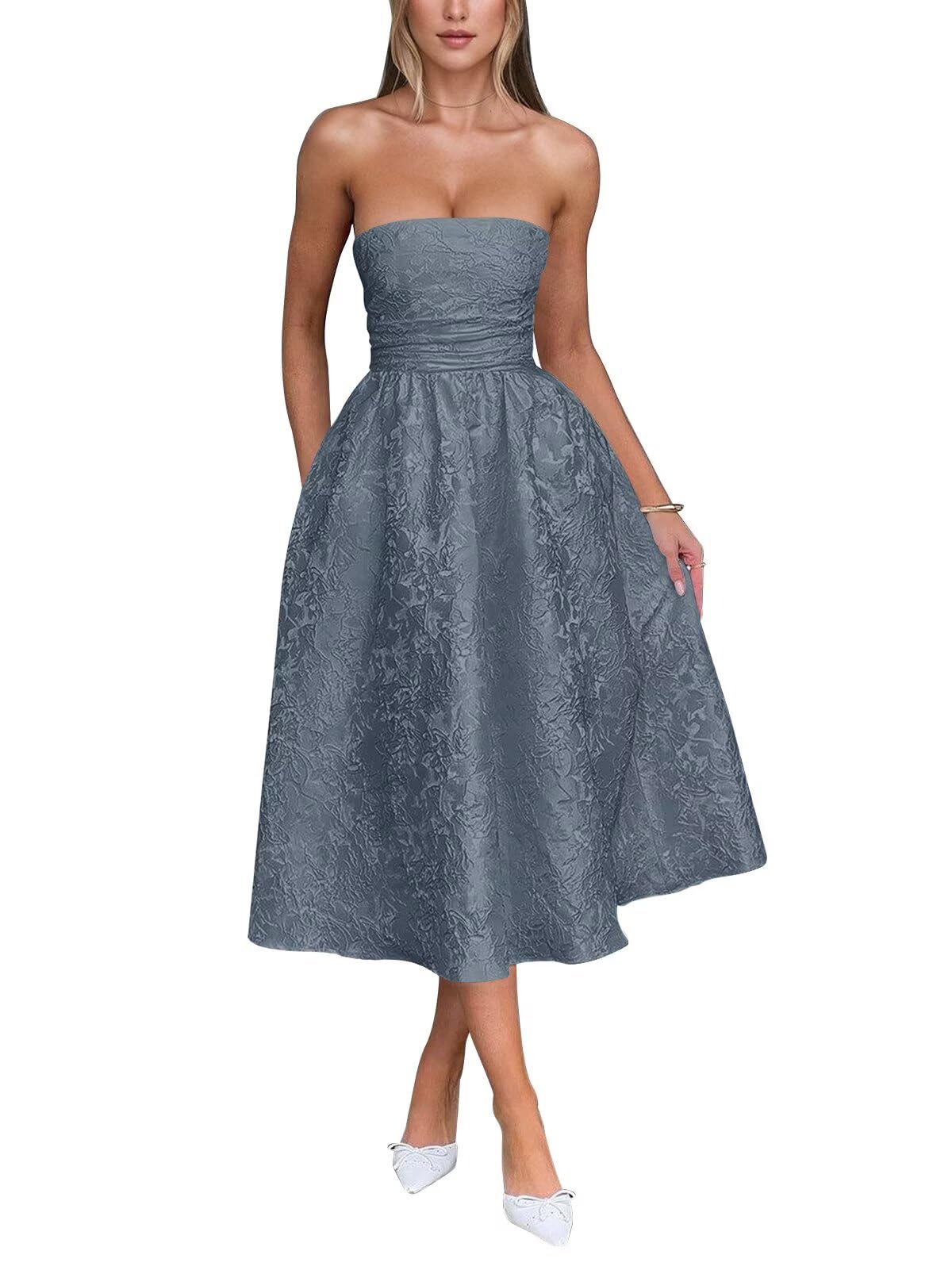 Satin Floral Jacquard Prom Dress for Women Strapless Corset Tea Length Formal Cocktail Evening Gowns