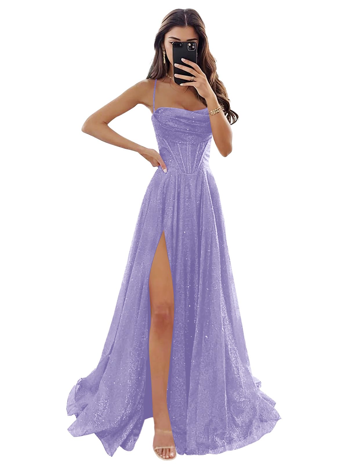 Women's Spaghetti Straps Glitter Tulle Prom Dress with Slit Cowl Neck Long Evening Formal Party Gown