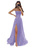 Women's Spaghetti Straps Glitter Tulle Prom Dress with Slit Cowl Neck Long Evening Formal Party Gown