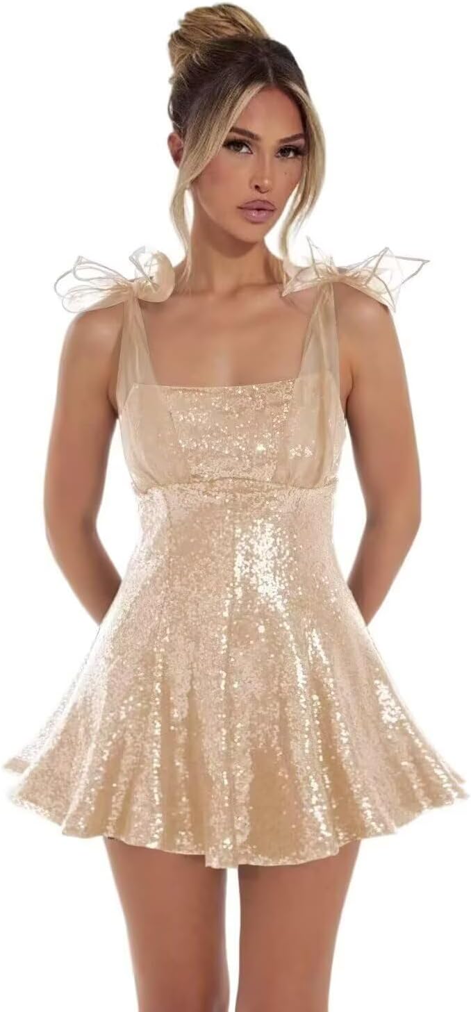 Sparkly Sequin Homecoming Dresses for Teens 2027 Spaghetti Strap Short Prom Dress with Bow Glitter Tulle Cocktail Party Gown