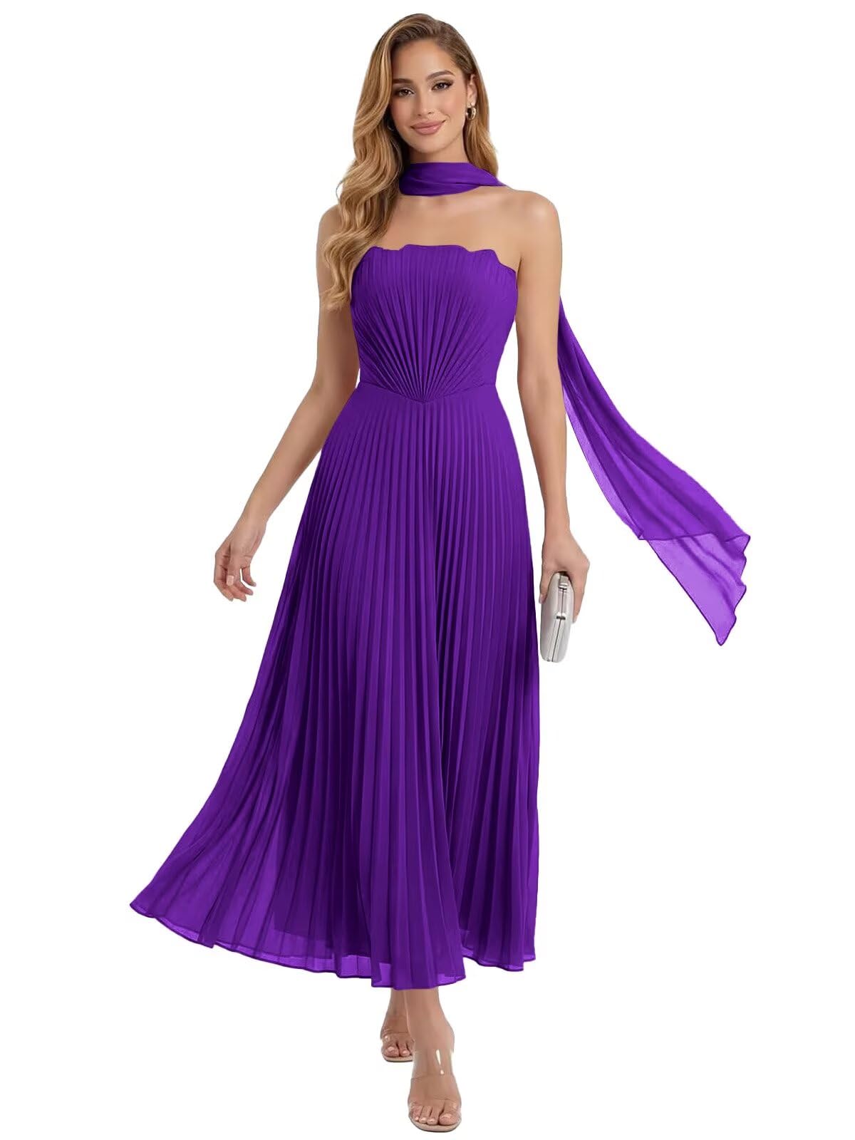 Strapless Pleated Bridesmaid Dress Tea Length Elegant Formal Prom Gown for Wedding Guest with Scarf