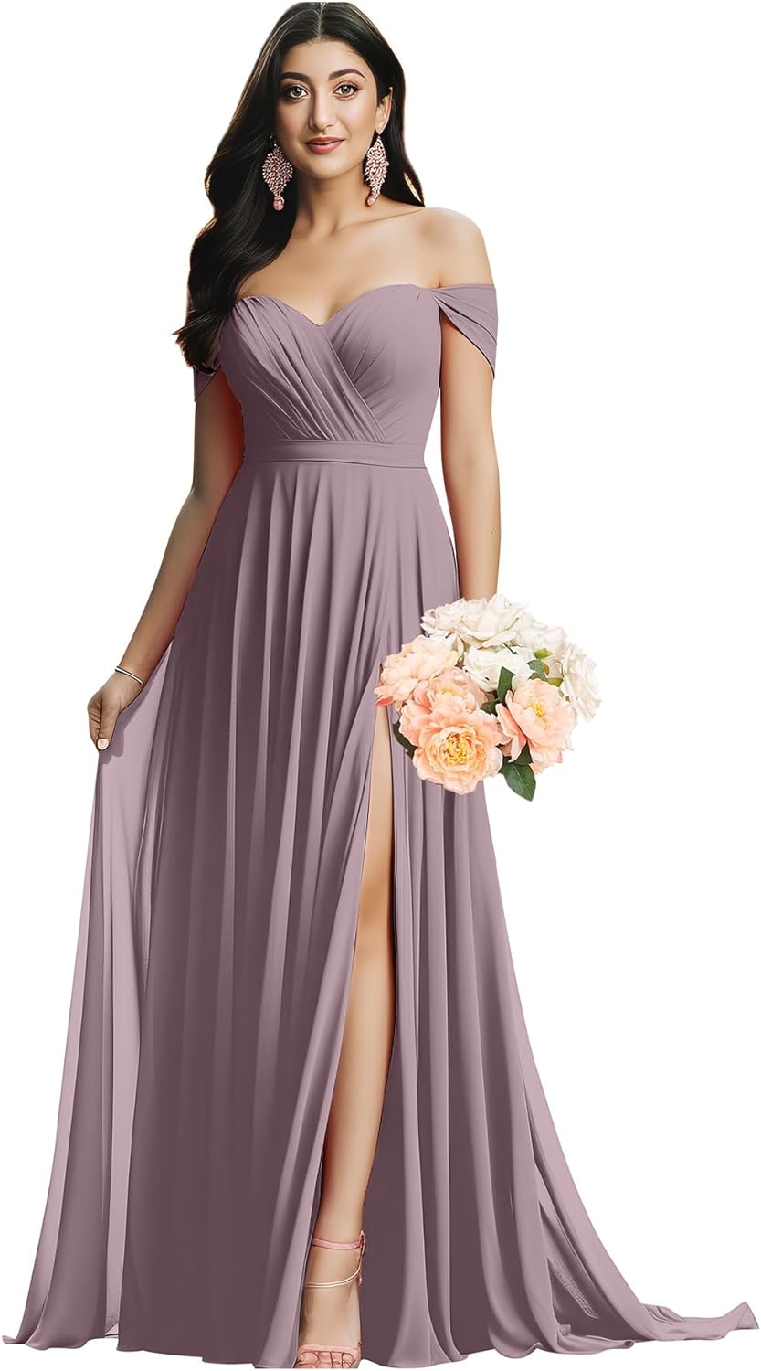 Schulterfreies Brautjungfernkleid für die Hochzeit, gerüschtes Chiffon-Split-Abendkleid mit Taschen 