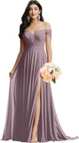 Schulterfreies Brautjungfernkleid für die Hochzeit, gerüschtes Chiffon-Split-Abendkleid mit Taschen 
