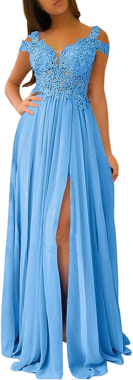 Women's Lace Appliques Prom Dresses Long with Slit Cold Shoulder Formal Party Gown