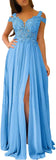 Women's Lace Appliques Prom Dresses Long with Slit Cold Shoulder Formal Party Gown