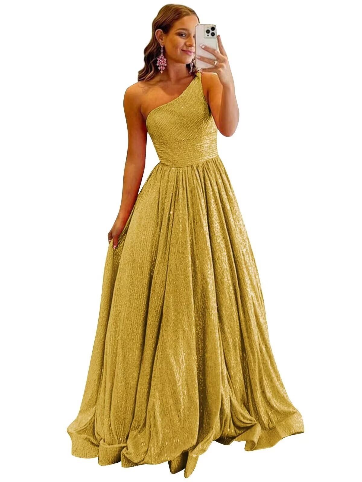 One Shoulder Sequin Prom Dresses for Women 2027 Sparkly Long A-Line Formal Evening Party Ball Gowns with Pockets