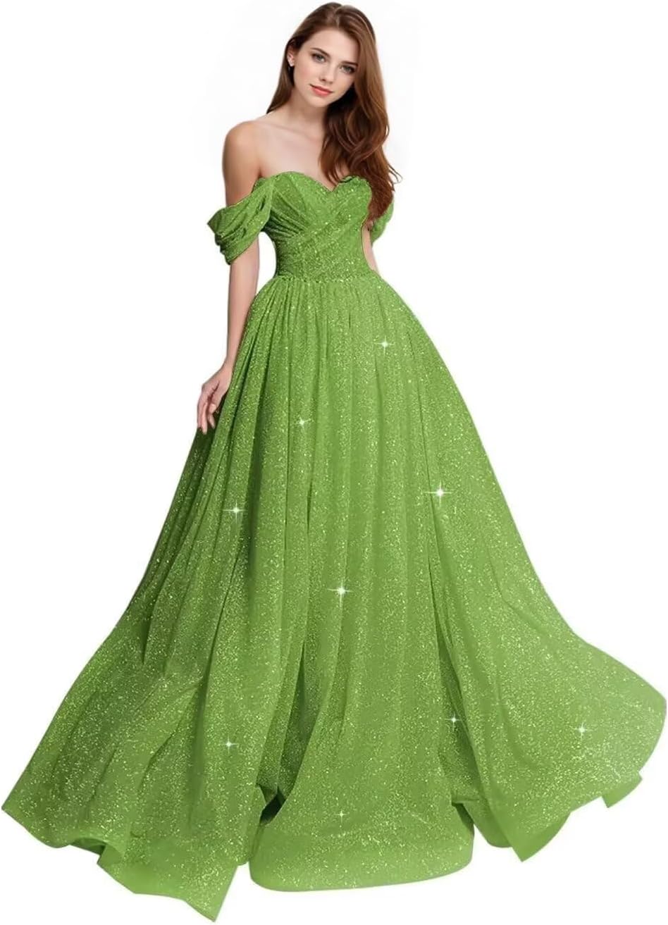Sparkly Tulle Prom Dress 2026 Off The Shoulder Formal Dresses for Women Glitter A Line Long Ball Gown