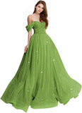 Sparkly Tulle Prom Dress 2026 Off The Shoulder Formal Dresses for Women Glitter A Line Long Ball Gown