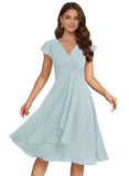Short Chiffon Bridesmaid Dresses for Women V Neck Flutter Sleeves Ruffle Formal Cocktail Gowns with Pockets