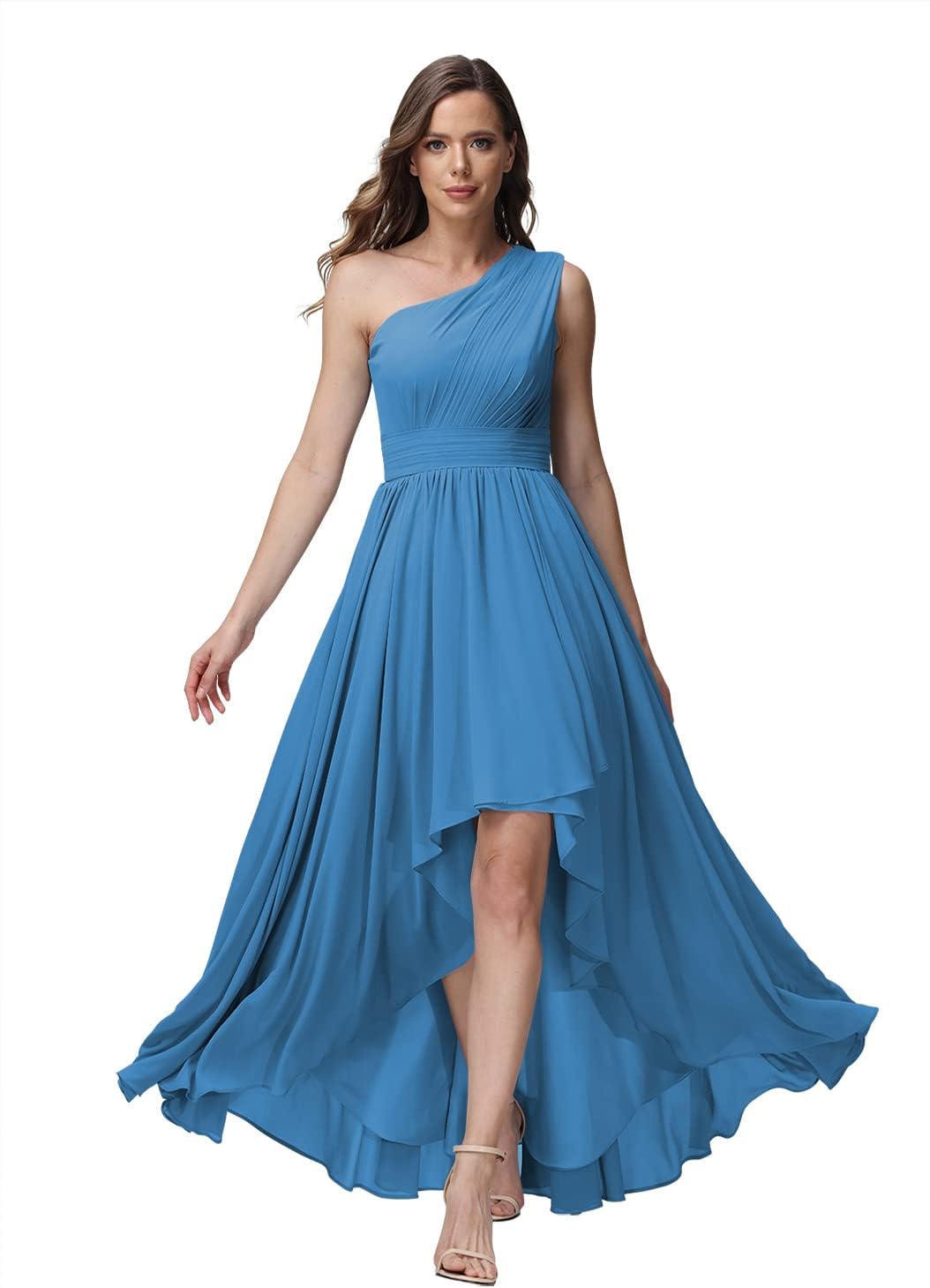 Vestido de dama de honor de un solo hombro para mujer, vestido formal de noche de gasa con bolsillos y corte alto bajo