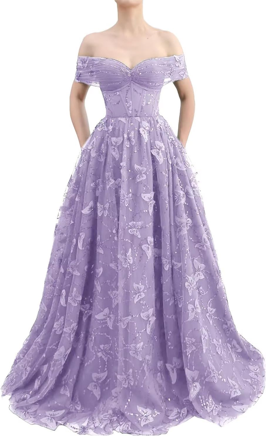 Sparkly Off Shoulder Tulle Prom Dresses with Butterfly Appliques Long A Line Formal Evening Party Gowns for Women