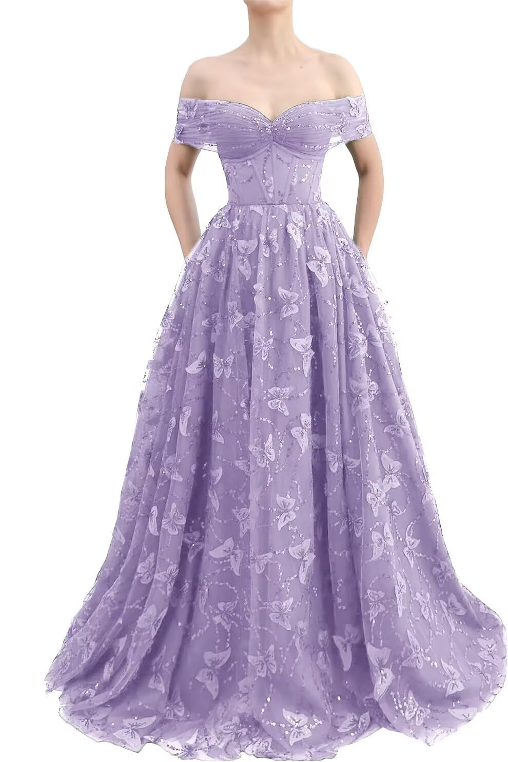 Sparkly Off Shoulder Tulle Prom Dresses with Butterfly Appliques Long A Line Formal Evening Party Gowns for Women
