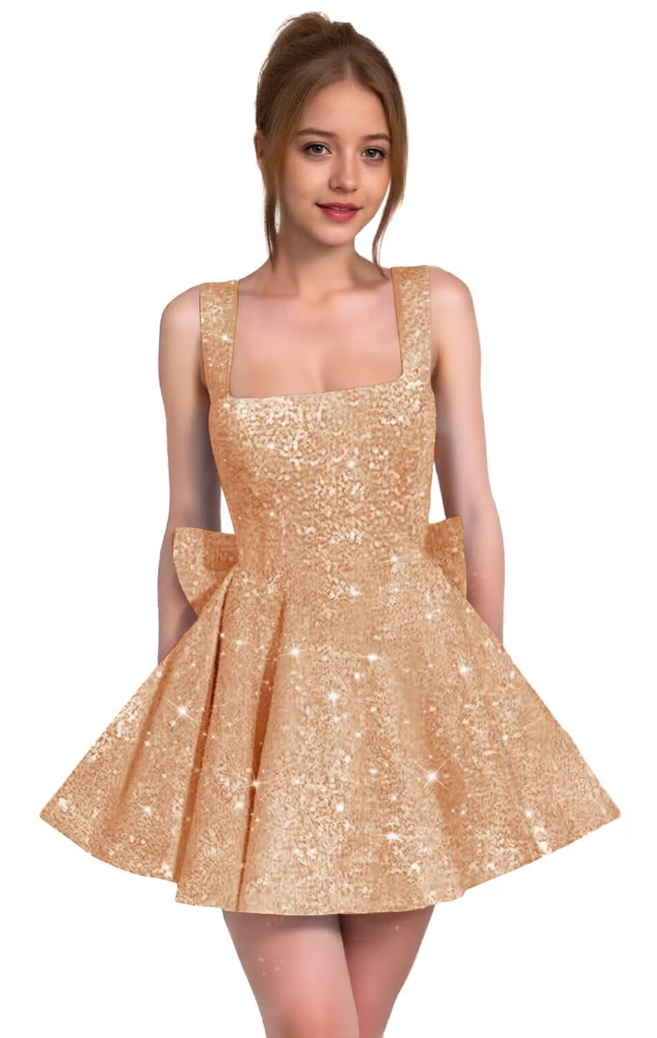 Sparkly Sequin Homecoming Dresses for Teens Short Prom Dress Square Neck Bow Formal Cocktail Gowns with Pockets