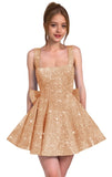Sparkly Sequin Homecoming Dresses for Teens Short Prom Dress Square Neck Bow Formal Cocktail Gowns with Pockets