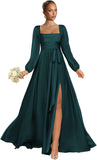 Satin Bridesmaid Dresses with Slit Long Sleeve Square Neck A Line Maxi Formal Dress