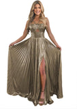 Vestido de fiesta de satén metálico brillante con abertura para mujer, vestido formal de noche plisado con cuello halter 