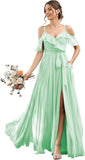 Women's Bridesmaid Dresses with Slit Long Cold Shoulder Chiffon Formal Party Dress with Pockets
