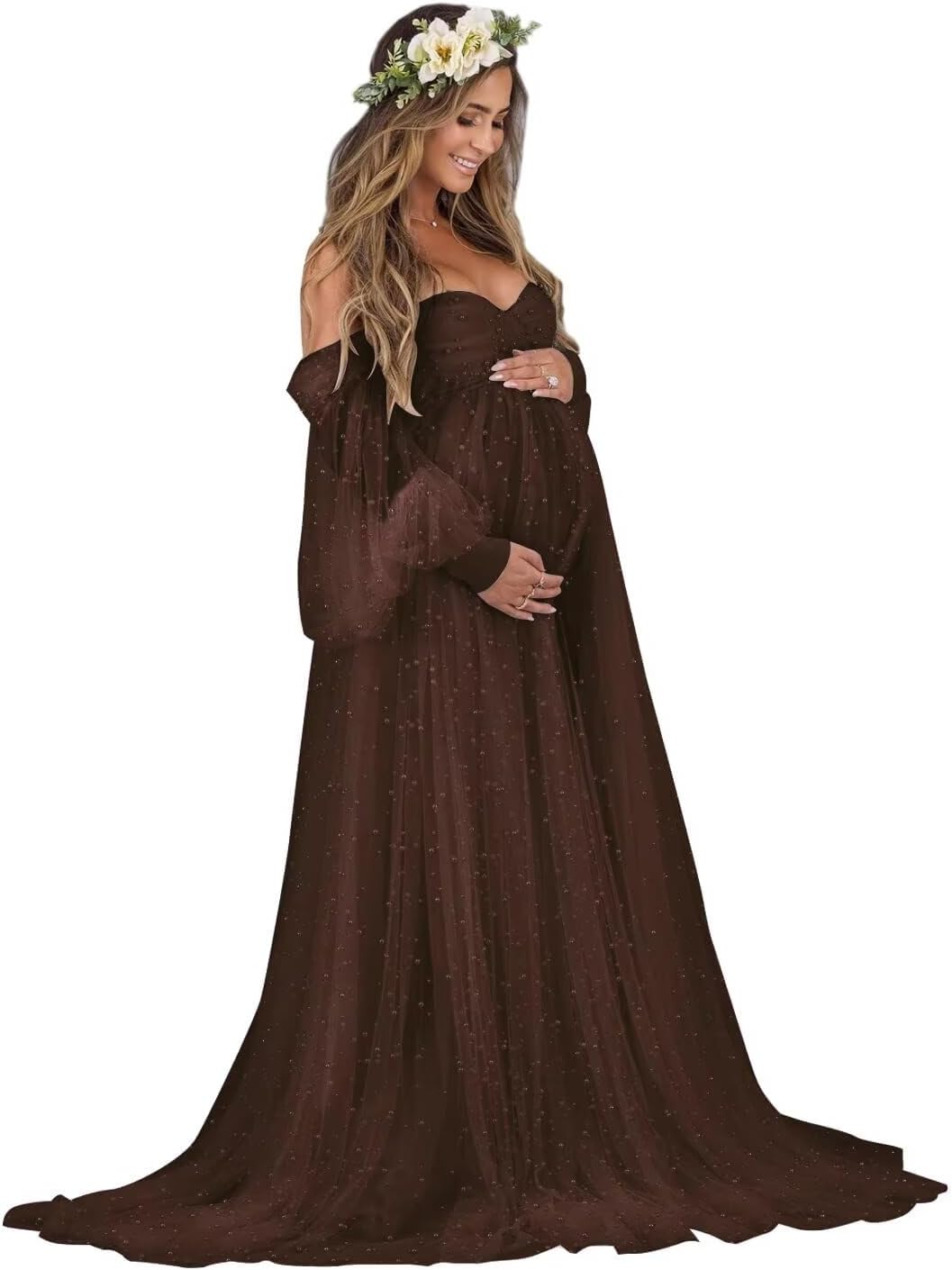 Kingbridal Pearl Tulle Maternity Dress for Photoshoot Long Puffy Sleeve Pregnancy Gown