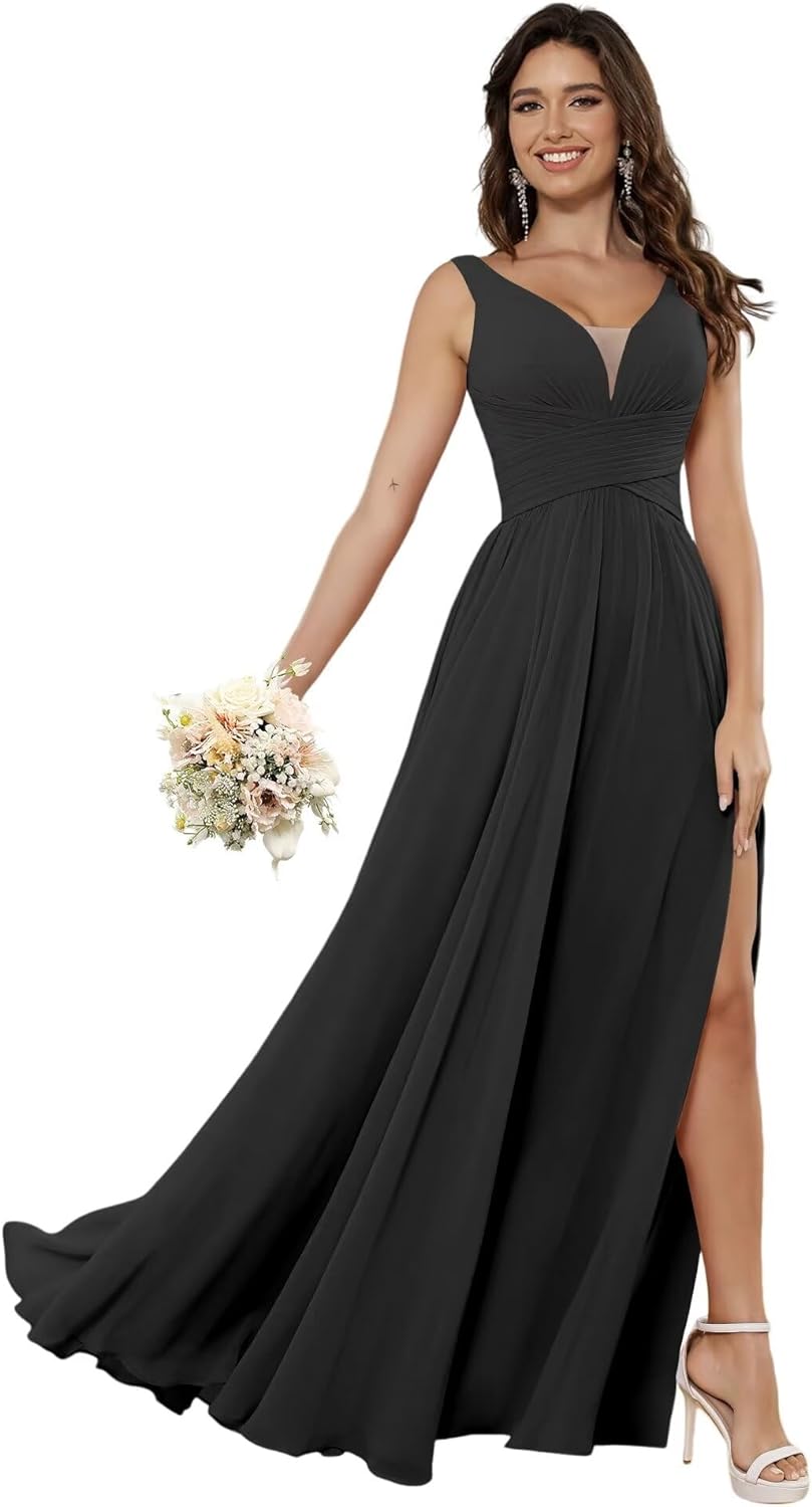 Vestidos de dama de honor sencillos de gasa para mujer con bolsillos, vestidos formales largos con escote en V y abertura 
