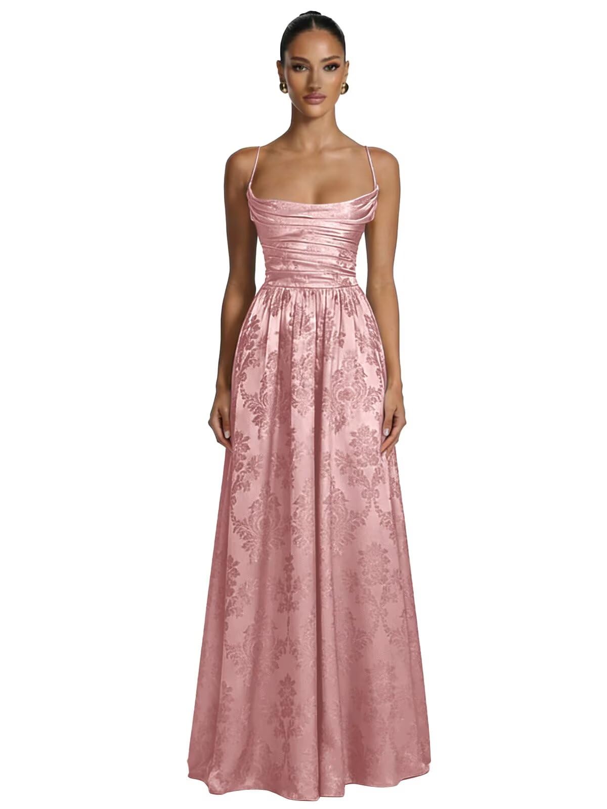Floral Jacquard Prom Dresses for Women Spaghetti Straps A Line Satin Cowl Neck Formal Evening Party Dress