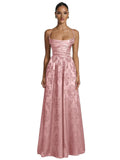 Floral Jacquard Prom Dresses for Women Spaghetti Straps A Line Satin Cowl Neck Formal Evening Party Dress