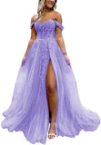 Off The Shoulder Tulle Prom Dress with Laces Applique A-line Slit Long Ball Gowns Glitter Formal Evening Dress