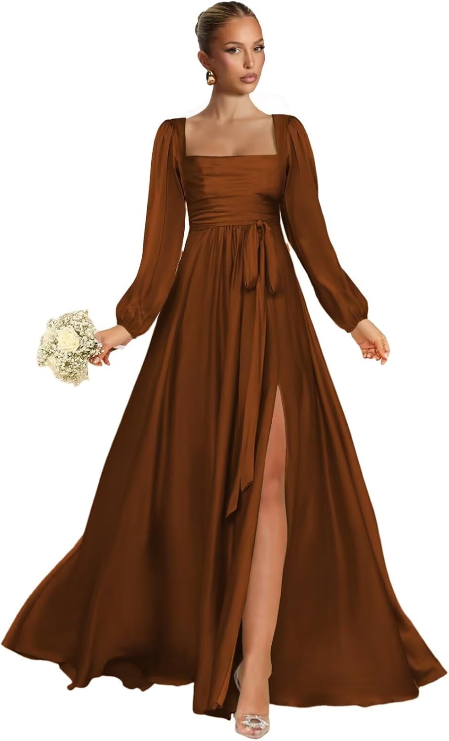 Satin Bridesmaid Dresses with Slit Long Sleeve Square Neck A Line Maxi Formal Dress