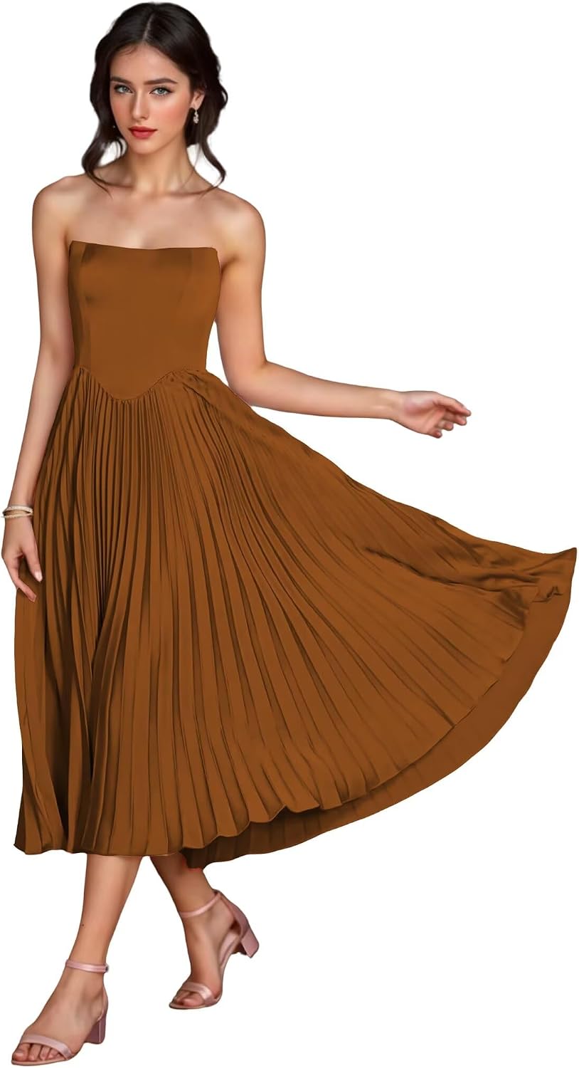 Women's Strapless Bridesmaid Dresses for Womens Tea Length Ruffle Satin Formal Prom Dress