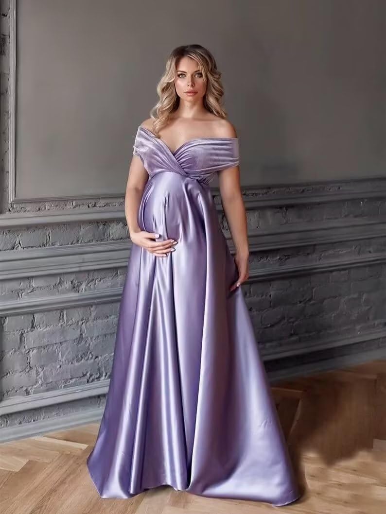Velvet Maternity Dress for Photoshoot Off Shoulder Satin Pregnancy Gown Bridal Lingerie Robe for Baby Shower