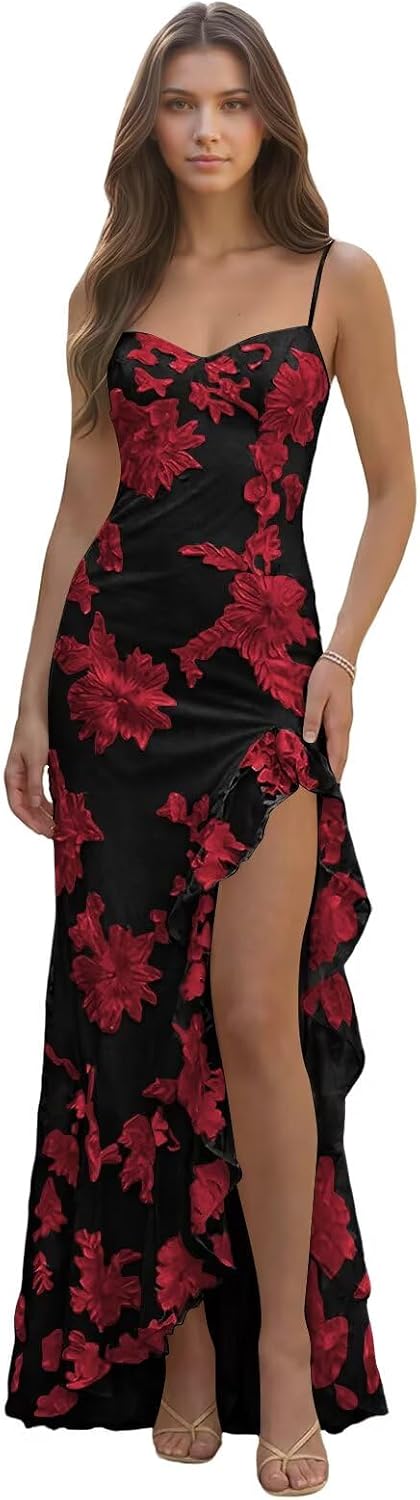 Spaghetti Straps Floral Embroidery Mermaid Prom Dress 2026 Long Corset Formal Evening Gowns with Ruffle Slit