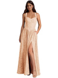 Jacquard Floral Lace Wedding Guest Dress Long Slit A Line Bridesmaid Dresses with Pockets Formal Gown