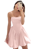 Satin Flower Bud Homecoming Dress Short Prom Dress Cowl Neck Pleated A Line Mini Cocktail Party Gown