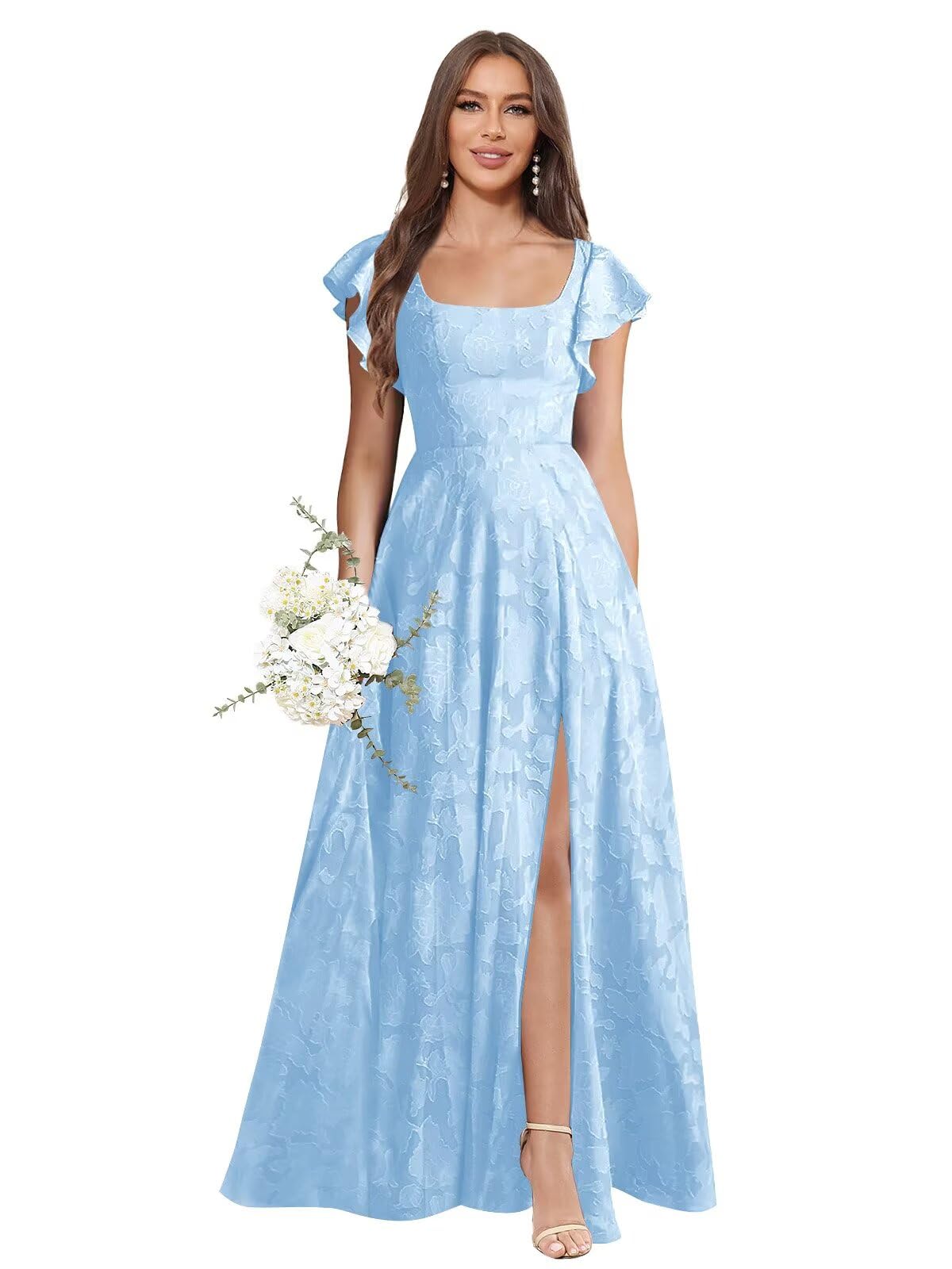 Floral Bridesmaid Dresses for Women Long A-Line Square Neck Lace Formal Evening Gown with Sleeves Slit