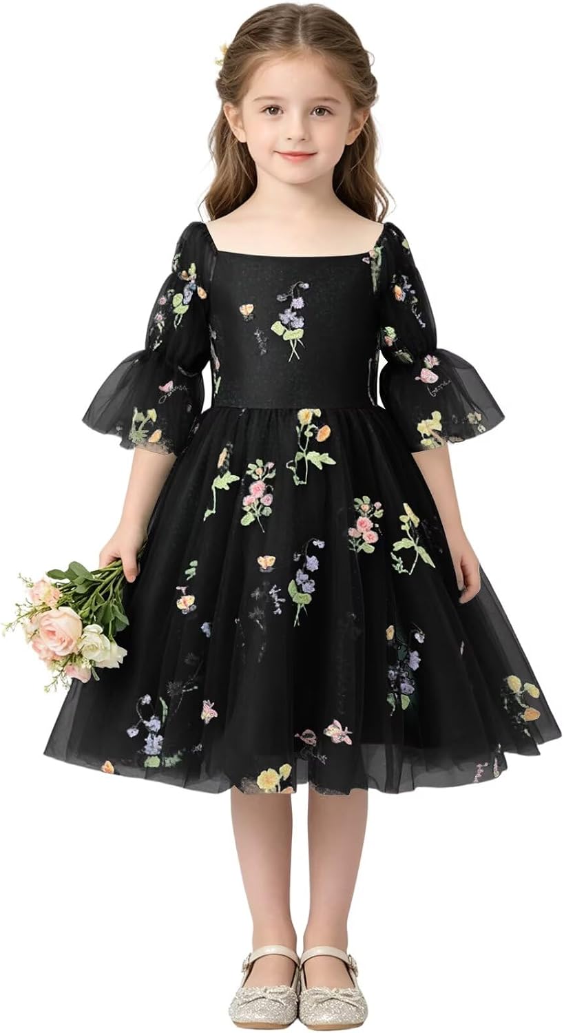 Floral Embroidery Flower Girl Dress Puff Sleeve Birthday Party Gown Girls Tulle A-Line Short Wedding Guests Dresses