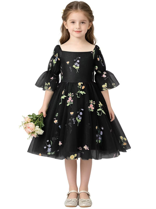 Floral Embroidery Flower Girl Dress Puff Sleeve Birthday Party Gown Girls Tulle A-Line Short Wedding Guests Dresses