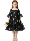 Floral Embroidery Flower Girl Dress Puff Sleeve Birthday Party Gown Girls Tulle A-Line Short Wedding Guests Dresses