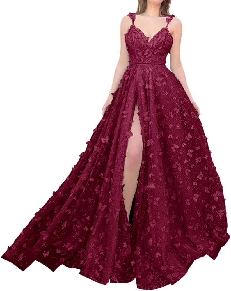 Sparkly Prom Dresses for Teens 2027 3D Butterfly Tulle Spaghetti Straps Long Slit Backless Party Gowns