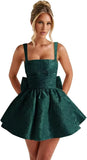 Jacquard Satin Homecoming Dresses for Teens Spaghetti Straps Short Prom Dress A-line Cocktail Party Gowns with Bow