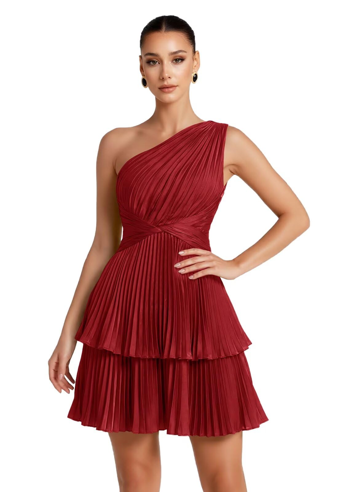 One Shoulder Satin Homecoming Dresses for Teens 2026 Short A-line Prom Dress Pleated Tiered Cocktail Party Gowns