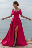 Women's Off Shoulder Long Prom Dresses with Slit 2025 Satin A-Line Sweetheart Corset Formal Evening Dresses with Pockets