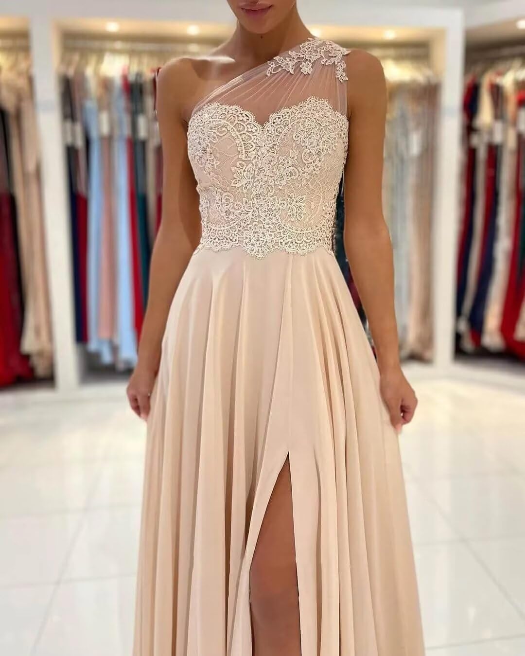 One Shoulder Chiffon Bridesmaid Dresses for Wedding 2026 Lace A-Line Slit Formal Evening Party Gown with Pockets