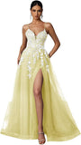 Tulle Prom Dresses 2027 Puffy Ball Gown for Women Formal V Neck Lace Appliques Evening Gown with Slit Long Homecoming Dress