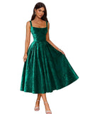 Jacquard Satin Prom Dresses 2026 Floral Square Neck Tea Length Ruched Elegant Formal Ball Gown with Pockets