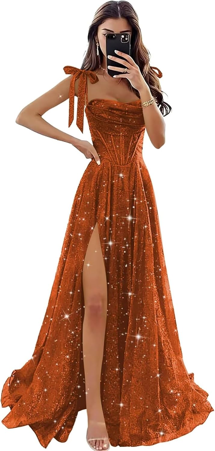 Tulle Prom Dresses with Slit Spaghetti Straps A Line Maxi Long Formal Dress