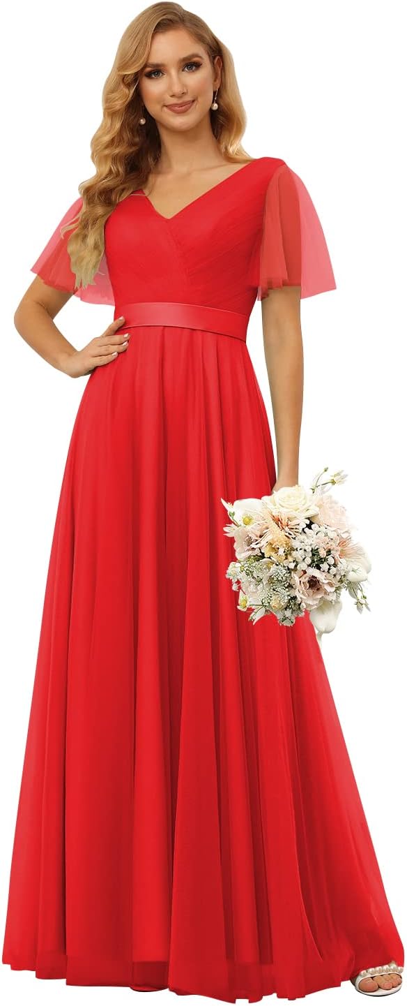 Damen Brautjungfernkleider mit Flatterärmeln, Tüll, lang, V-Ausschnitt, Empire-Taille, formelles Kleid 