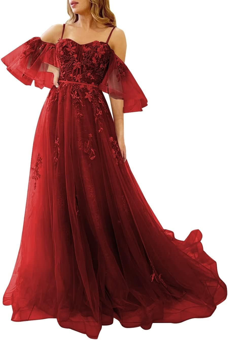 Vestidos de fiesta de tul con hombros descubiertos para adolescentes, vestidos formales con apliques de encaje, vestido de fiesta de noche formal de línea A