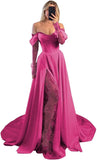 Off Shoulder Satin Wedding Dresses Lace Long Sleeve Prom Dresses Corset A-Line Ball Gowns with Slit
