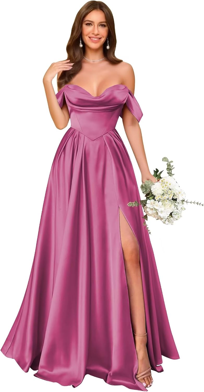 Off Shoulder Satin Bridesmaid Dresses Long Pleated Formal Dresses A Line Evening Gowns with Slit